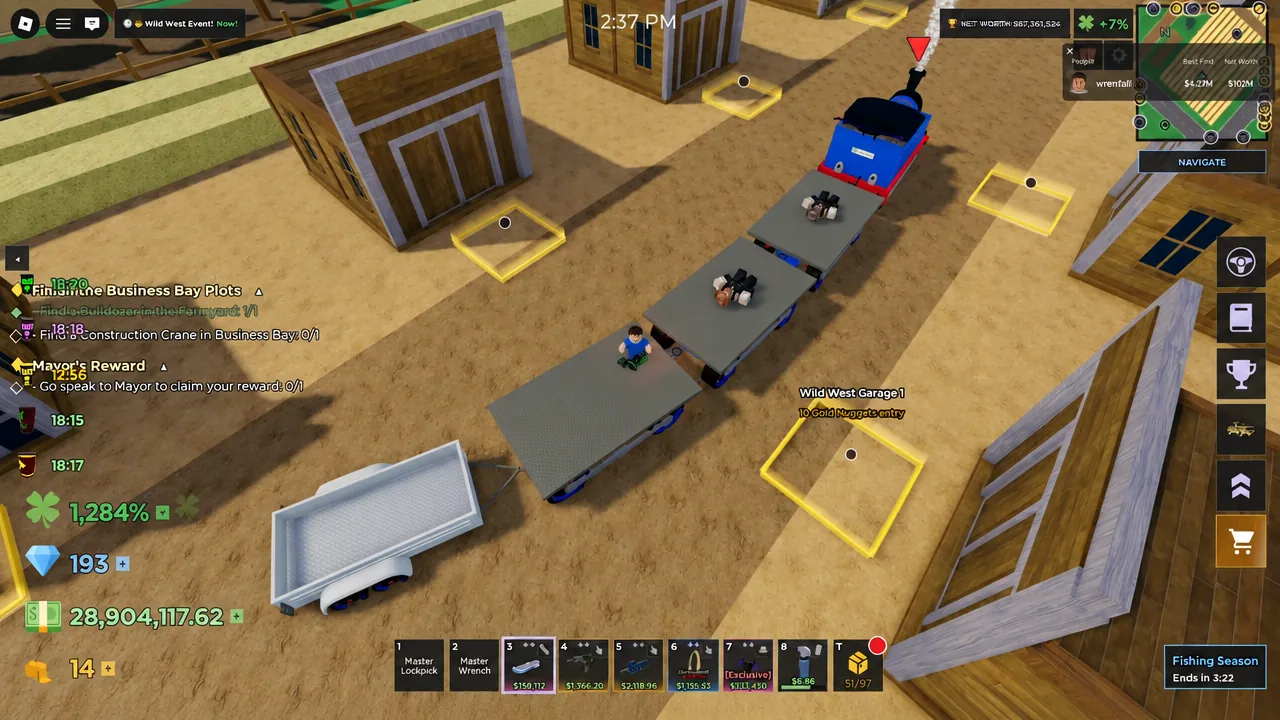 Glowing yellow Wild West Garage1 objective marker on the ground as the player approaches