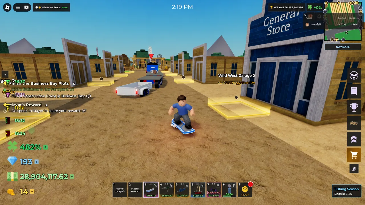 Player running toward the glowing Wild West Garage 2 entry pad outside the General Store