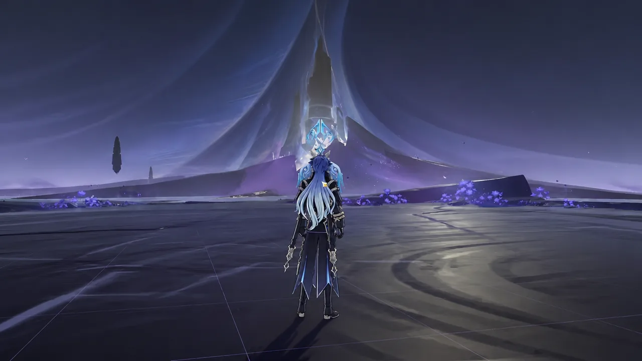 Approaching a large glowing structure in the open world before starting a damage test