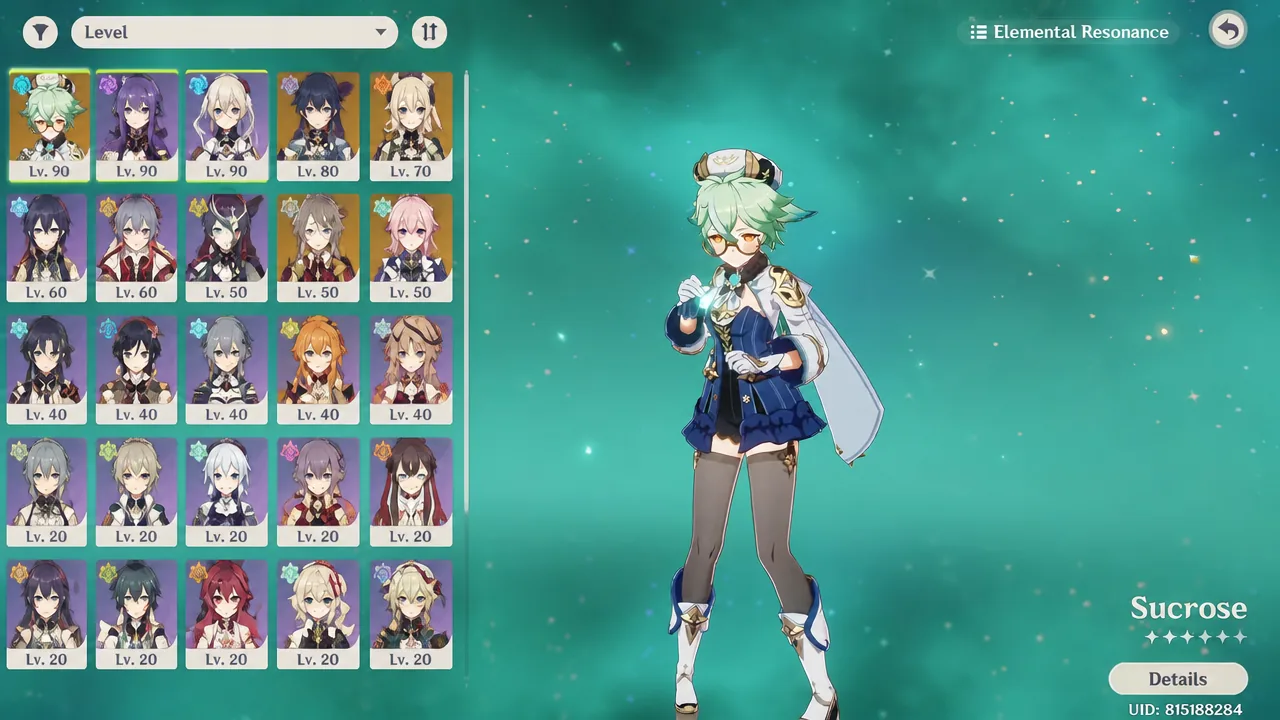 Sucrose selected on the Elemental Resonance screen to review her build before the swap