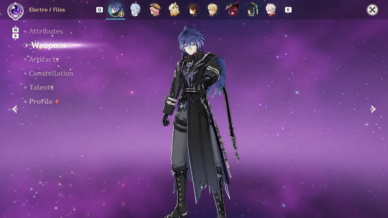Flins character screen with the Weapons tab open to check his equipped polearm