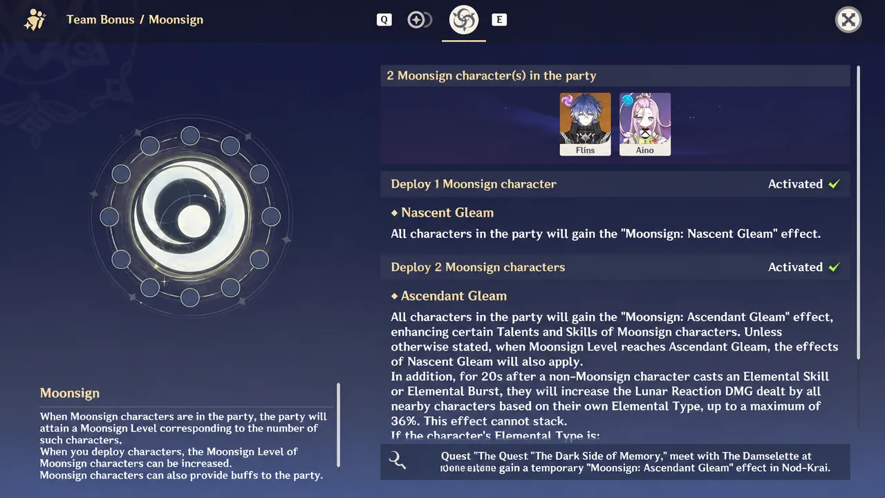 Moonsign tab of the Team Bonus screen showing the bonuses active with two Moonsign characters deployed