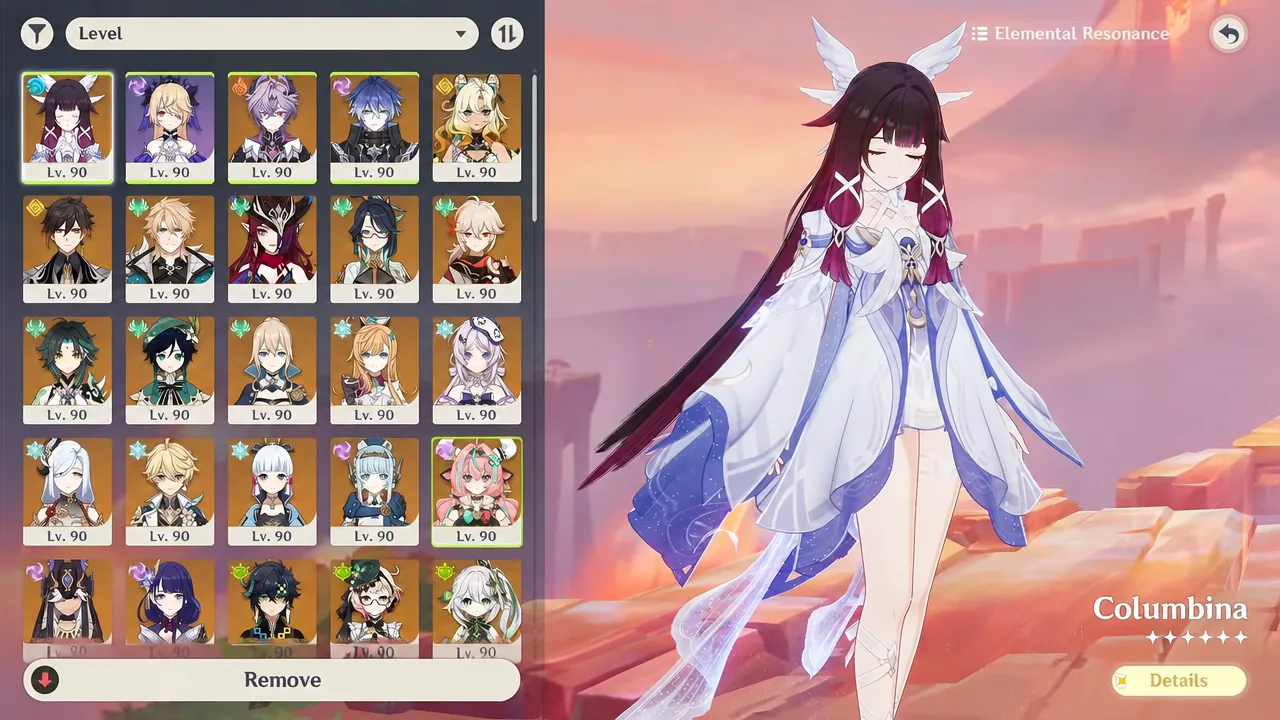 Character roster with Columbina highlighted before opening her build details