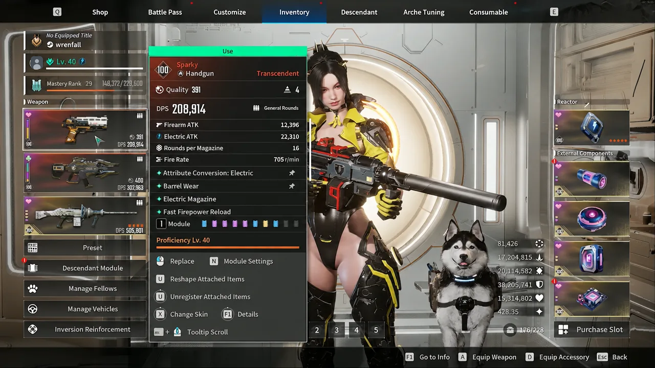 Sparky handgun selected in the inventory with its details menu open