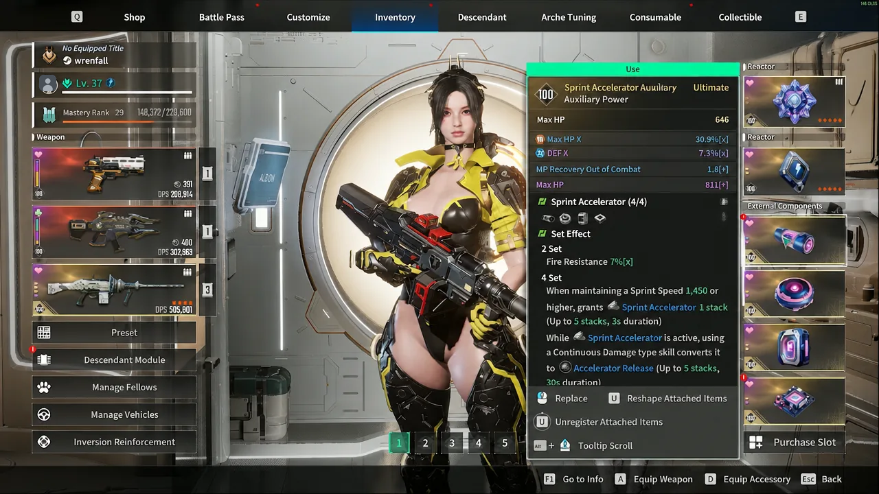 Sprint Accelerator auxiliary power item selected in the inventory Use panel