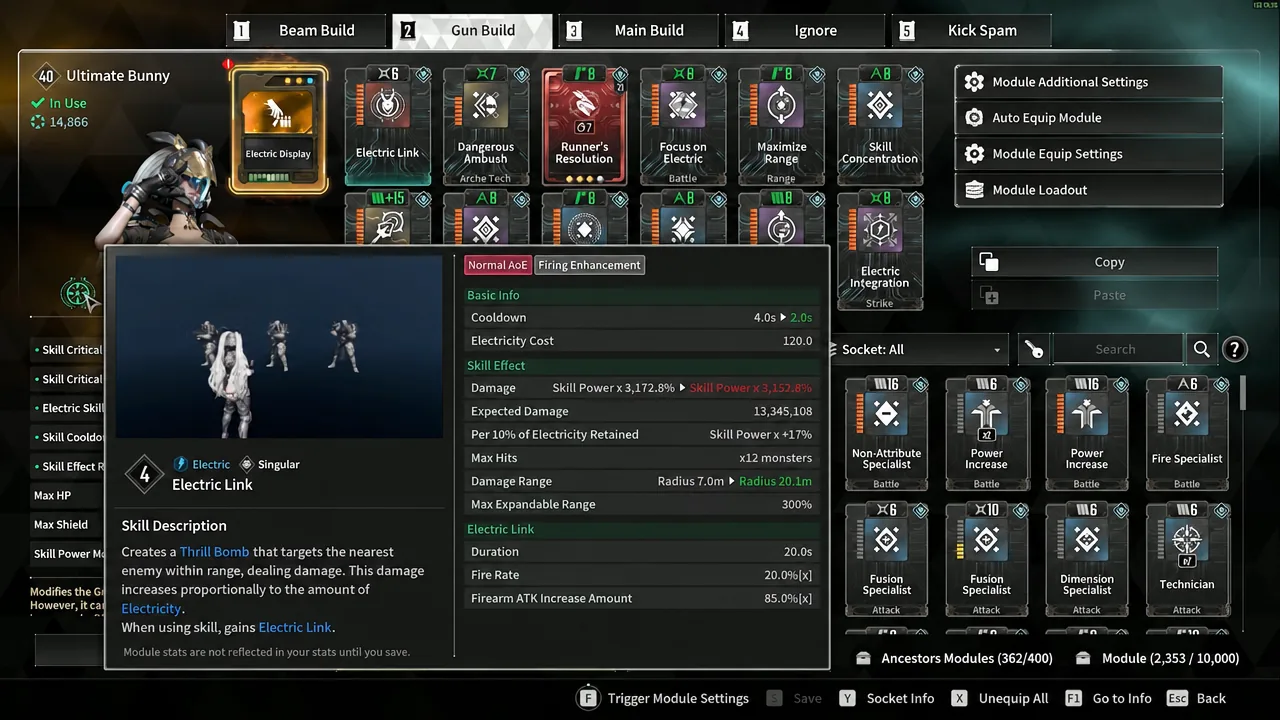 Electric Link highlighted on the Module Additional Settings screen with its full stat breakdown