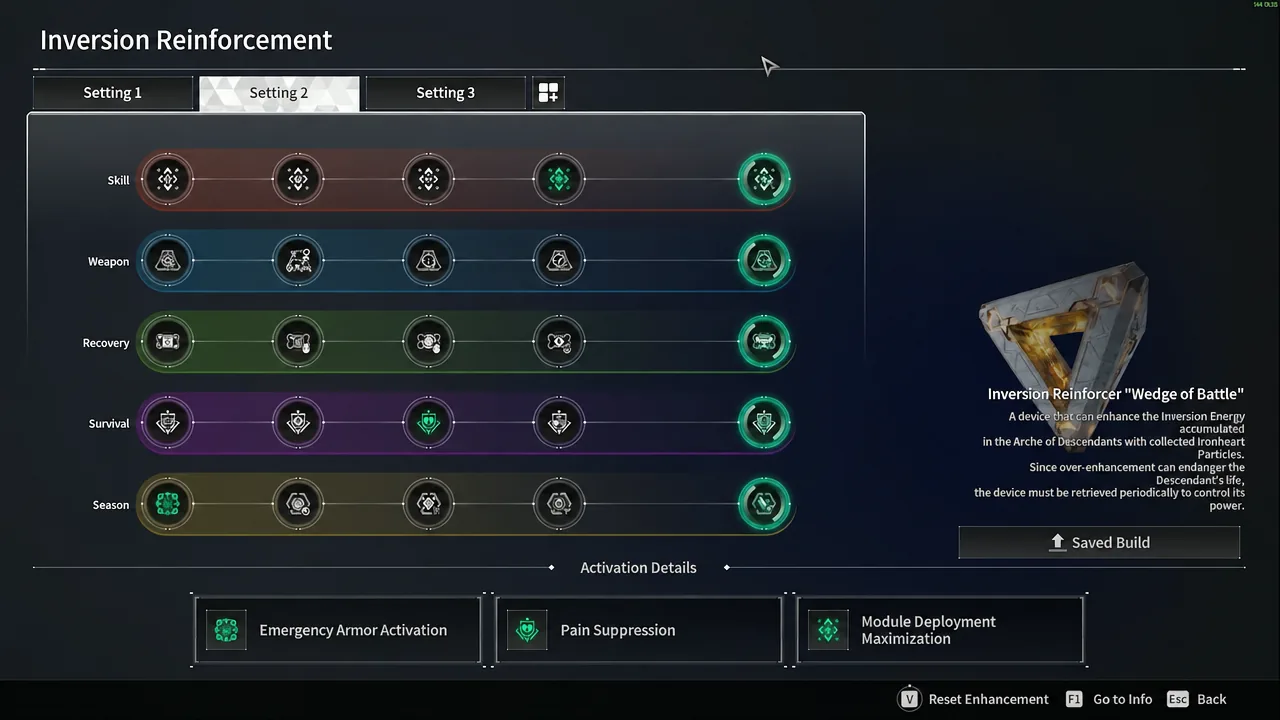 Inversion Reinforcement screen open on the Setting 2 tab showing configured enhancement paths