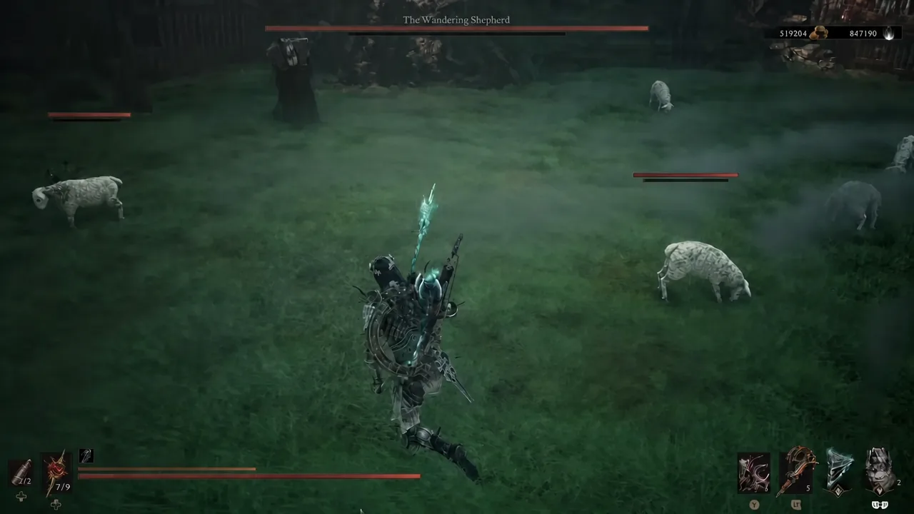 Sariel fighting sheep enemies with The Wandering Shepherd's health bar displayed