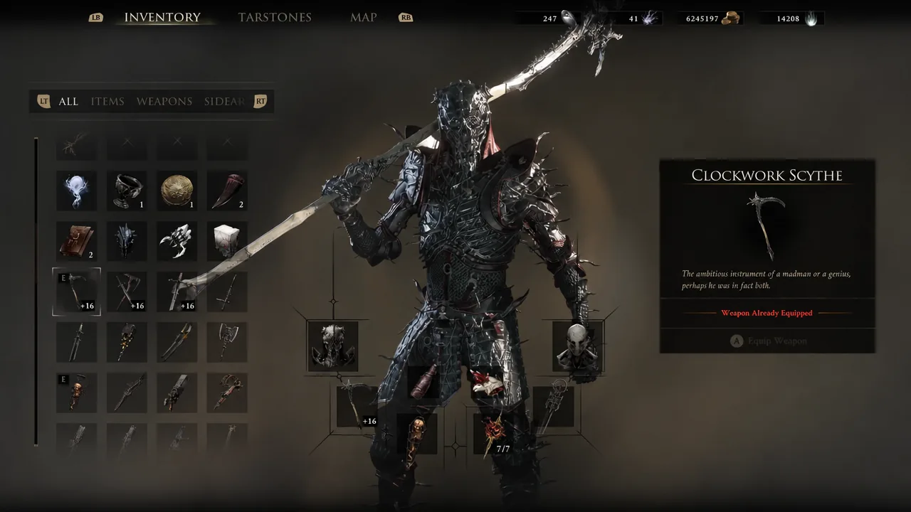 Inventory screen with the Clockwork Scythe selected and marked as equipped
