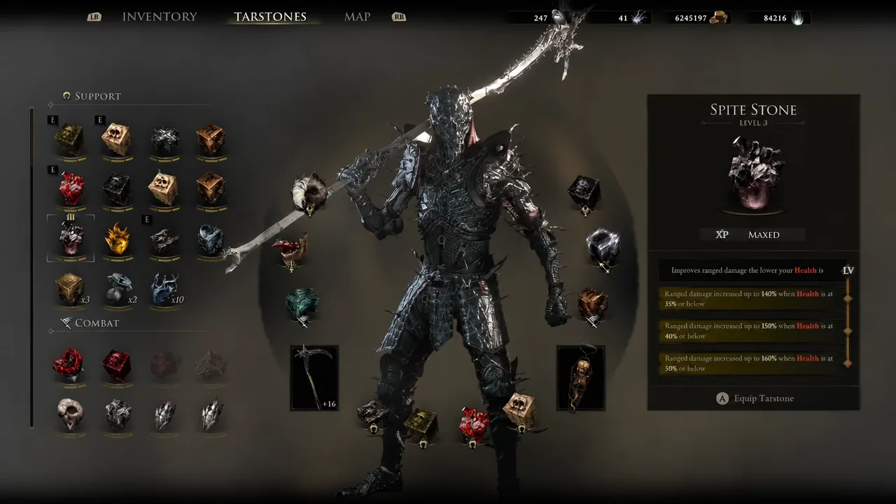 Tarstone inventory with Spite Stone at Level 3 selected and its description open
