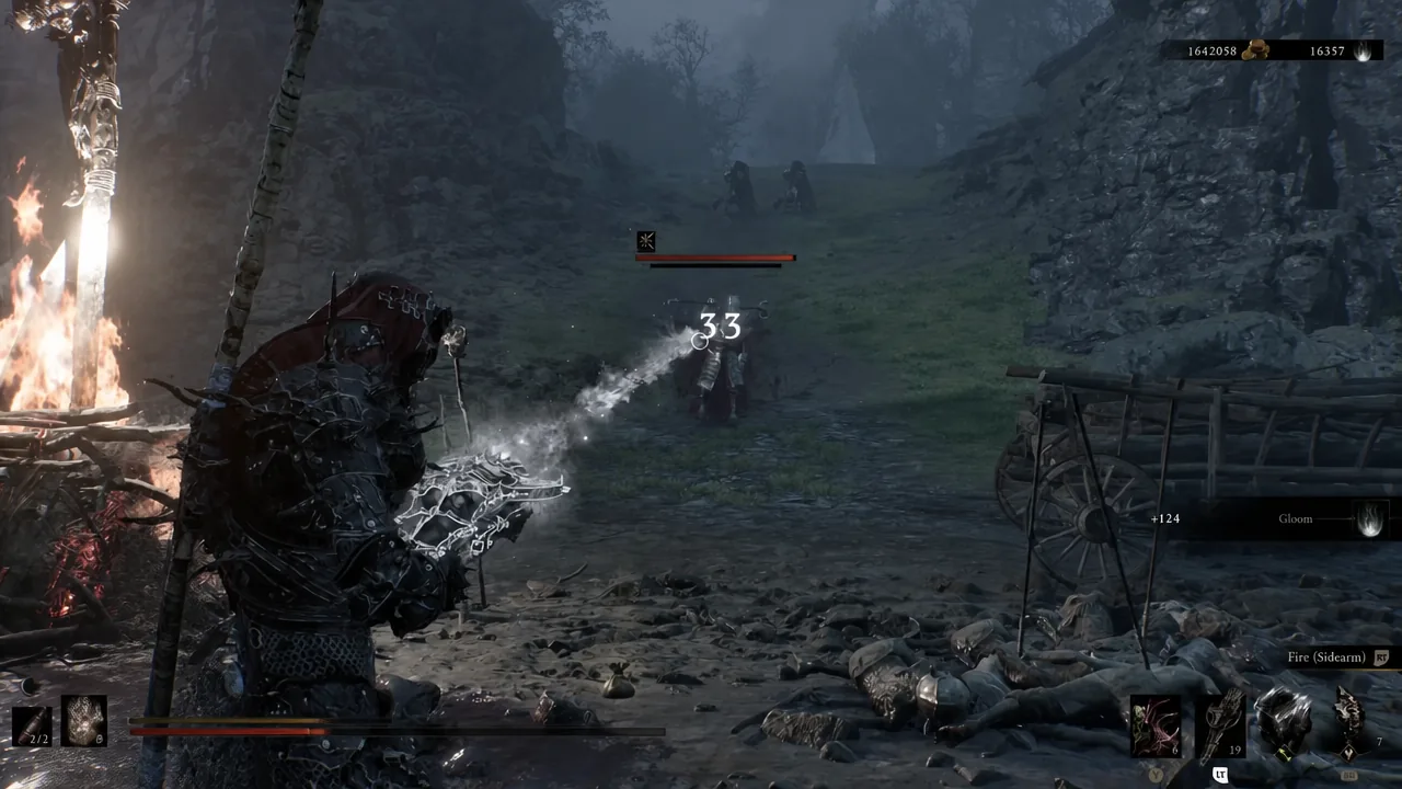 Sariel firing a sidearm shot at an enemy with the Fire prompt on screen