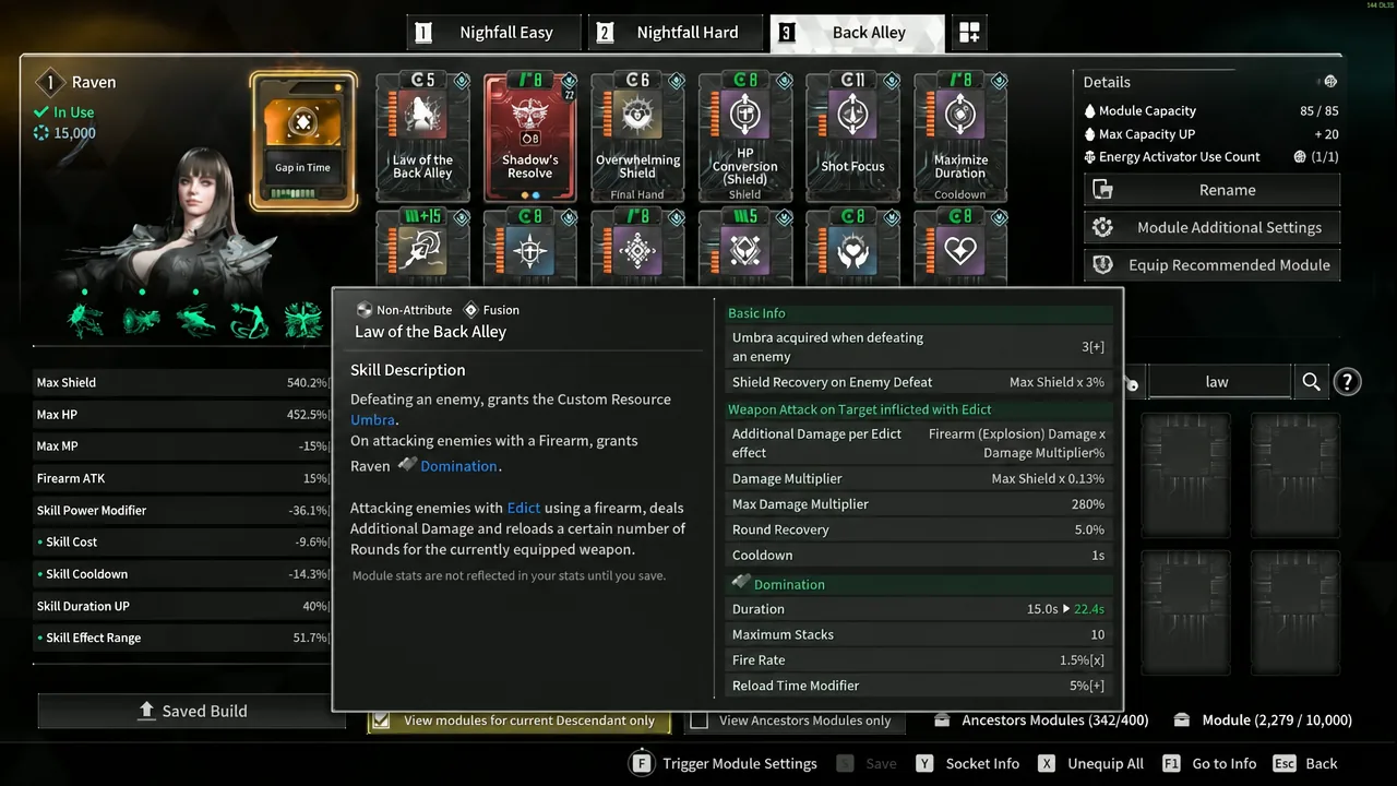 Module screen showing the Law of the Back Alley transcendent module and its full description