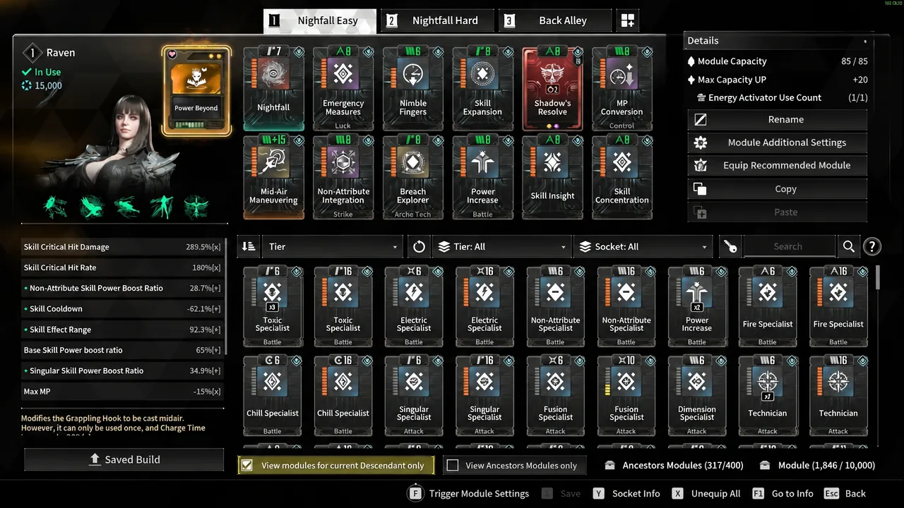 Module screen showing Power Beyond highlighted alongside Raven's equipped mobbing loadout