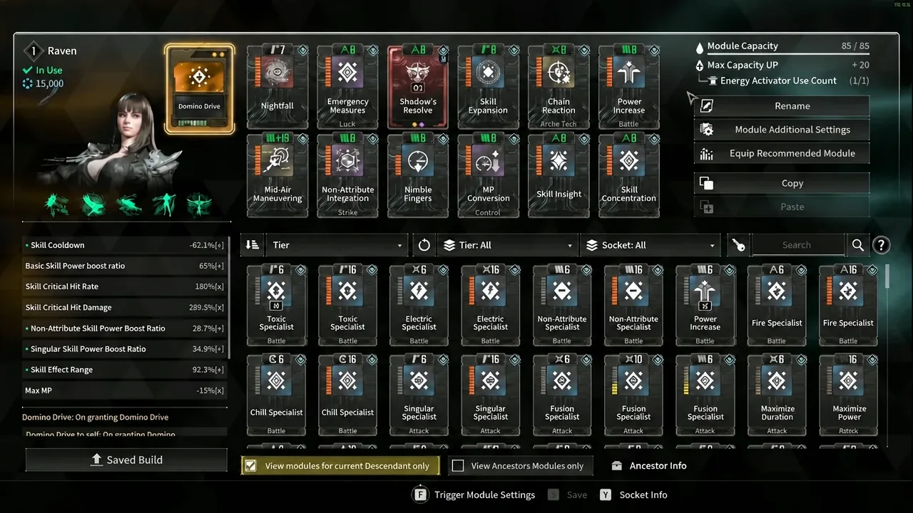 Raven's module screen with the Domino Drive module selected and its stats displayed