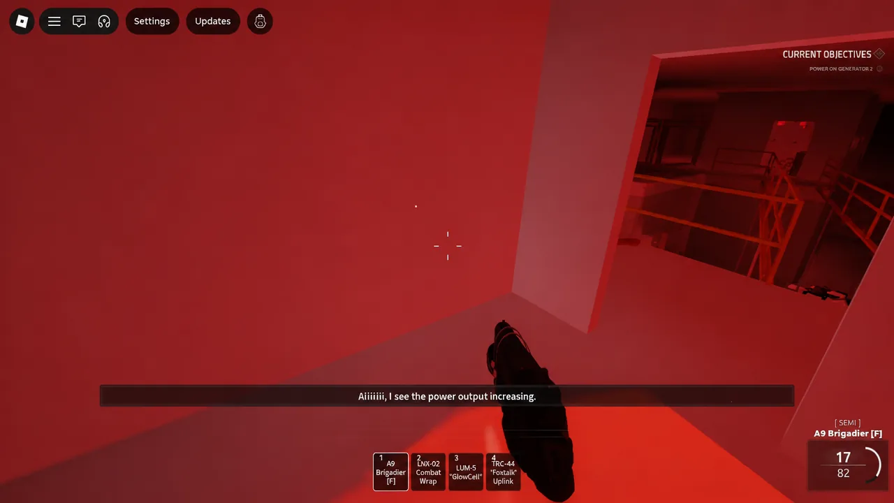 A9 Brigadier weapon slot selected with the power on generator 2 objective active