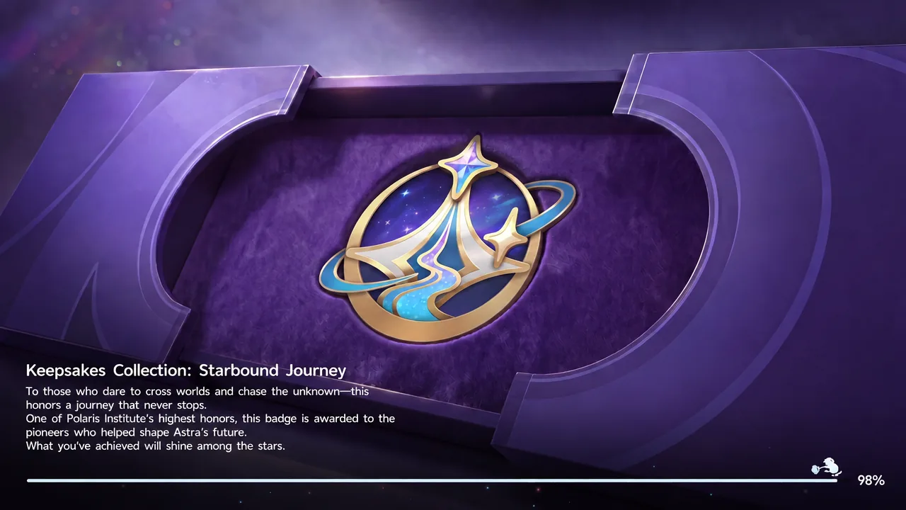 Aniimo loading screen showing the Keepsakes Collection: Starbound Journey badge at 98 percent