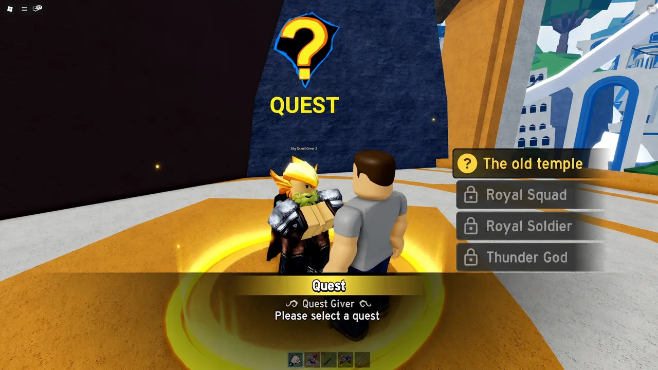 Quest selection menu with The old temple highlighted among the available quests