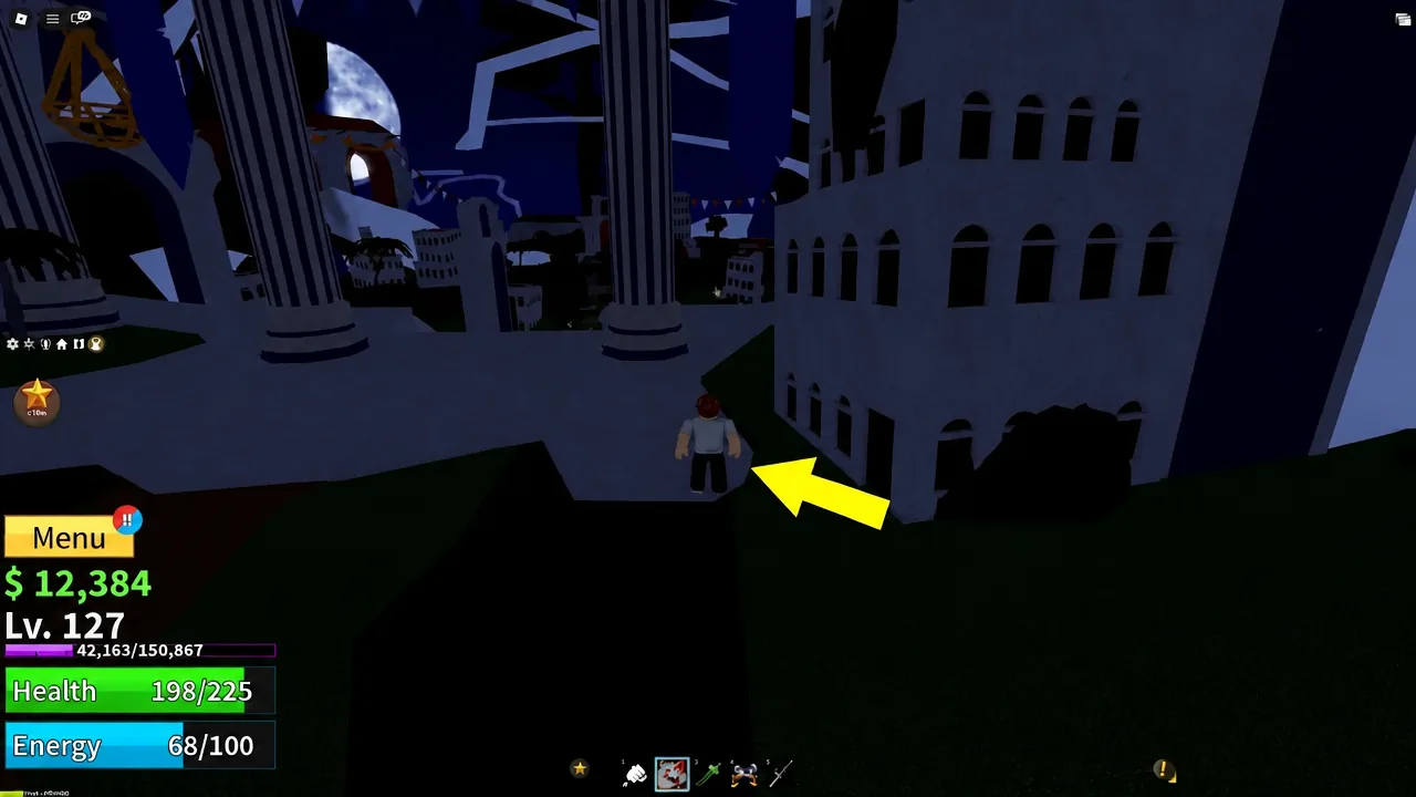 Yellow arrow marking a building entrance as the character runs toward it on the sky island
