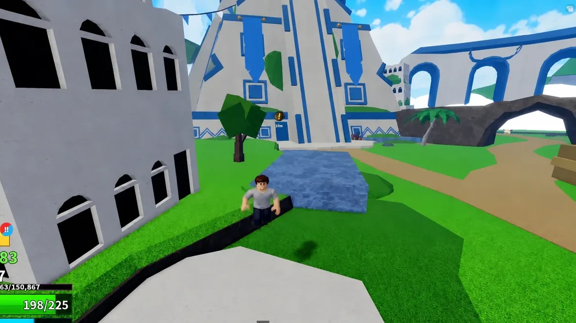 Player character walking toward the yellow exclamation quest marker showing 5m outside a blue-and-white building