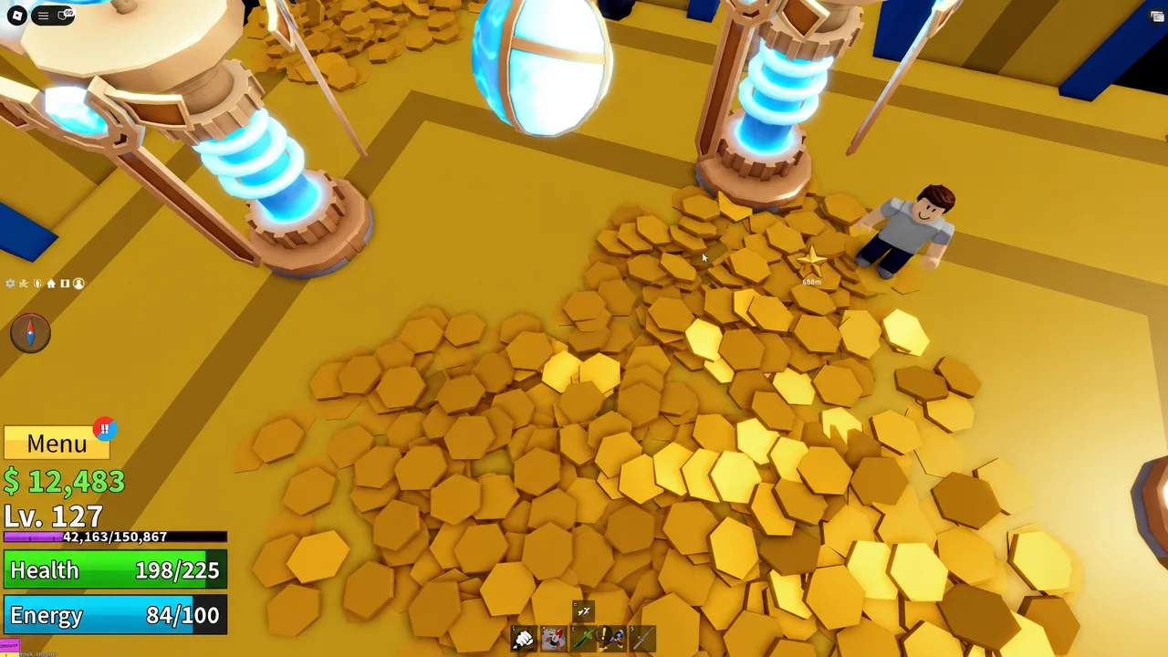 Inside the temple puzzle room with gold piles on the floor and glowing orb machines nearby