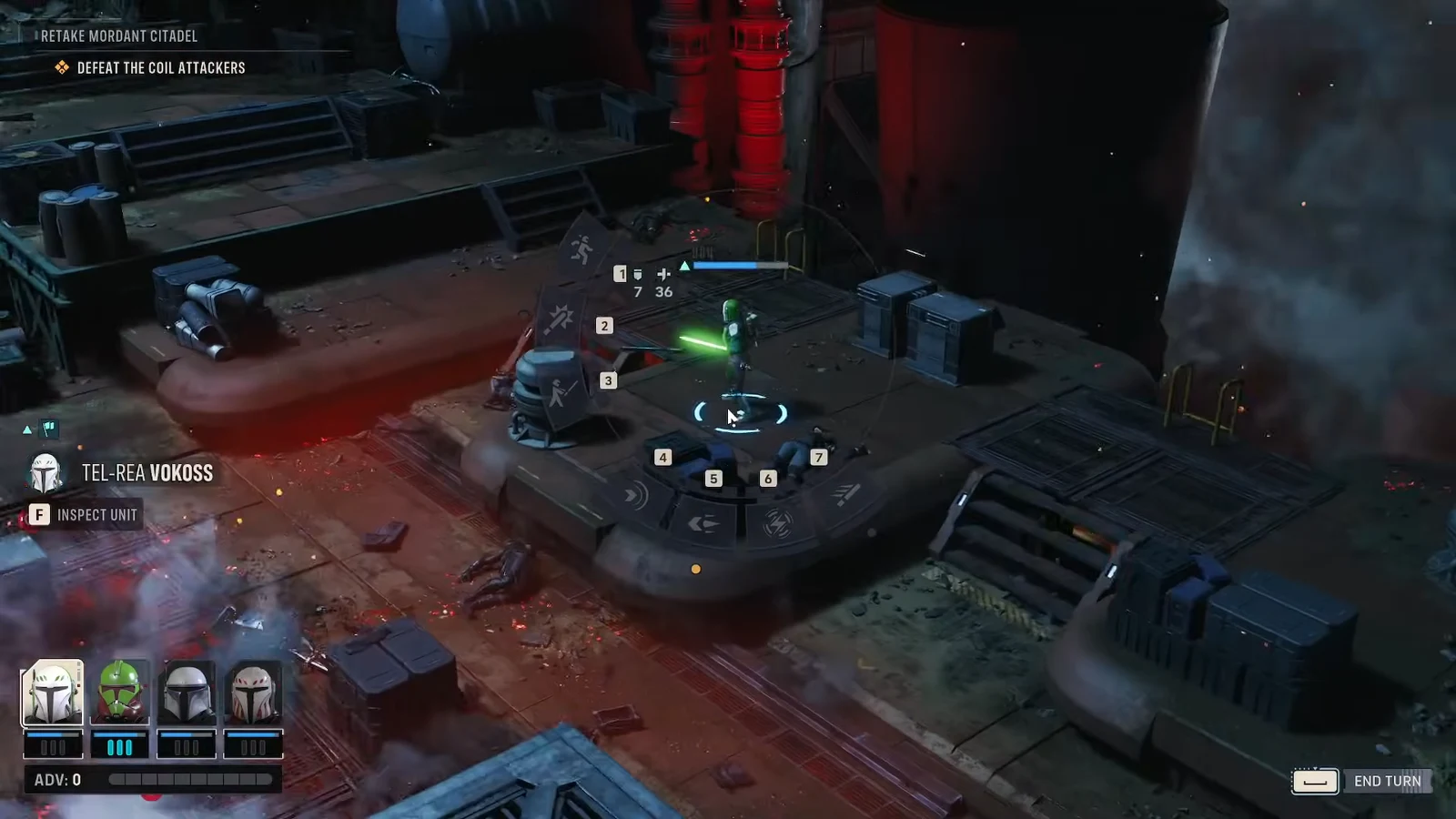 Numbered ability wheel open around the selected operator while picking an action against nearby Coil enemies