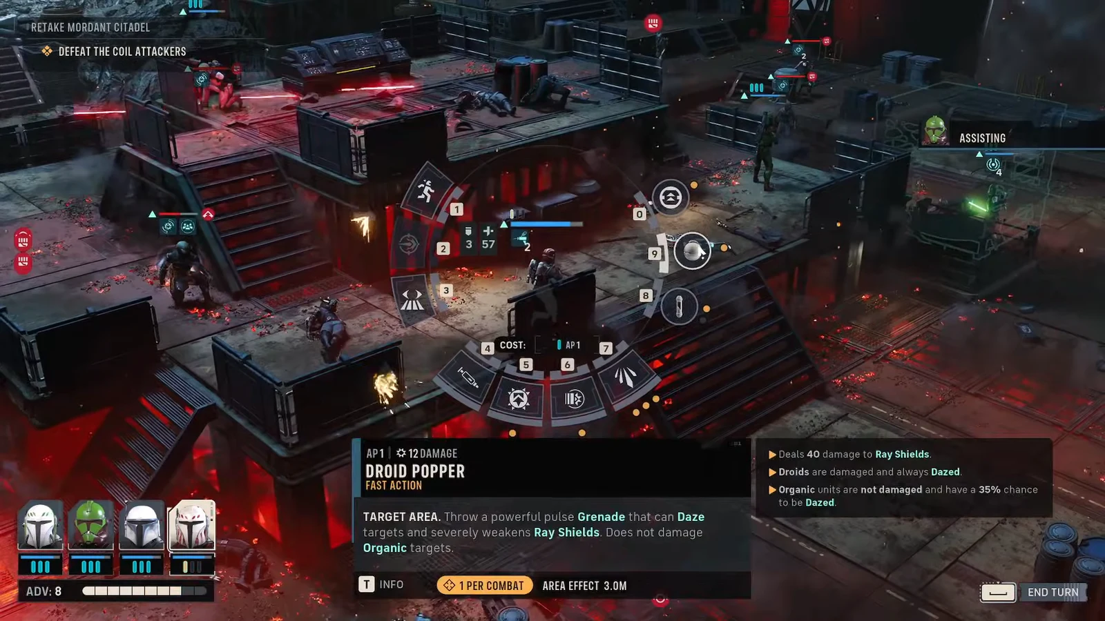 Droid Popper selected in combat, showing its blast radius, damage and daze effect before confirming