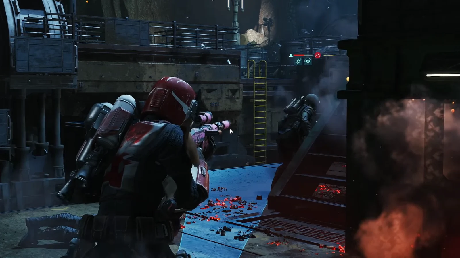Ranged shot lined up on a Coil soldier inside the industrial facility during the reinforcement wave