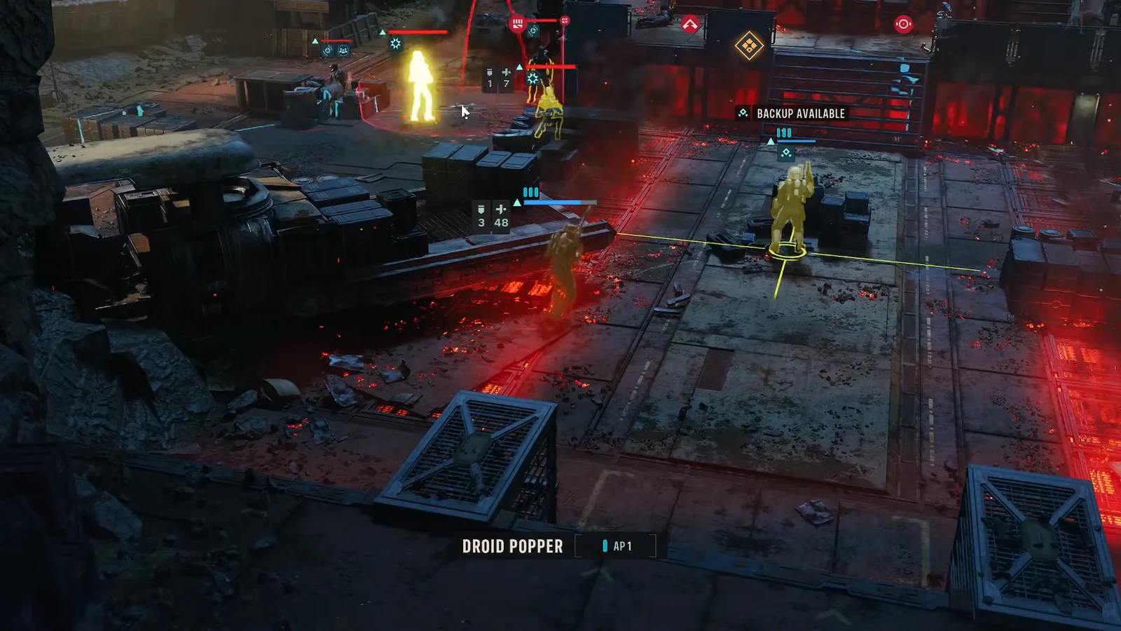 Droid Popper listed at a cost of one action point while enemies are highlighted on the battlefield