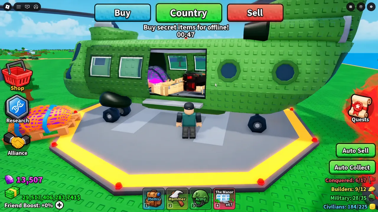 Mini War shop screen with the green Buy button and a 47-second restock countdown