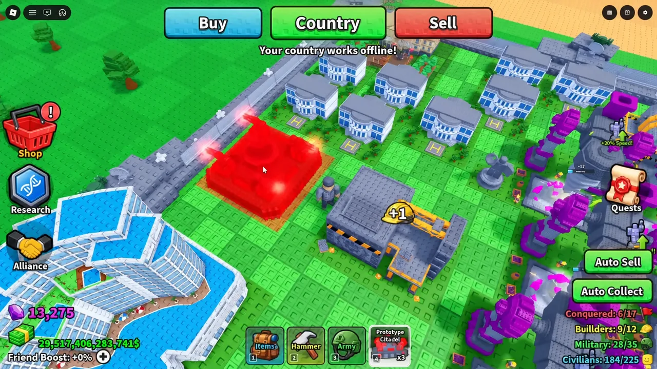 Prototype Citadel shown as a red placement preview on the player's plot in Mini War