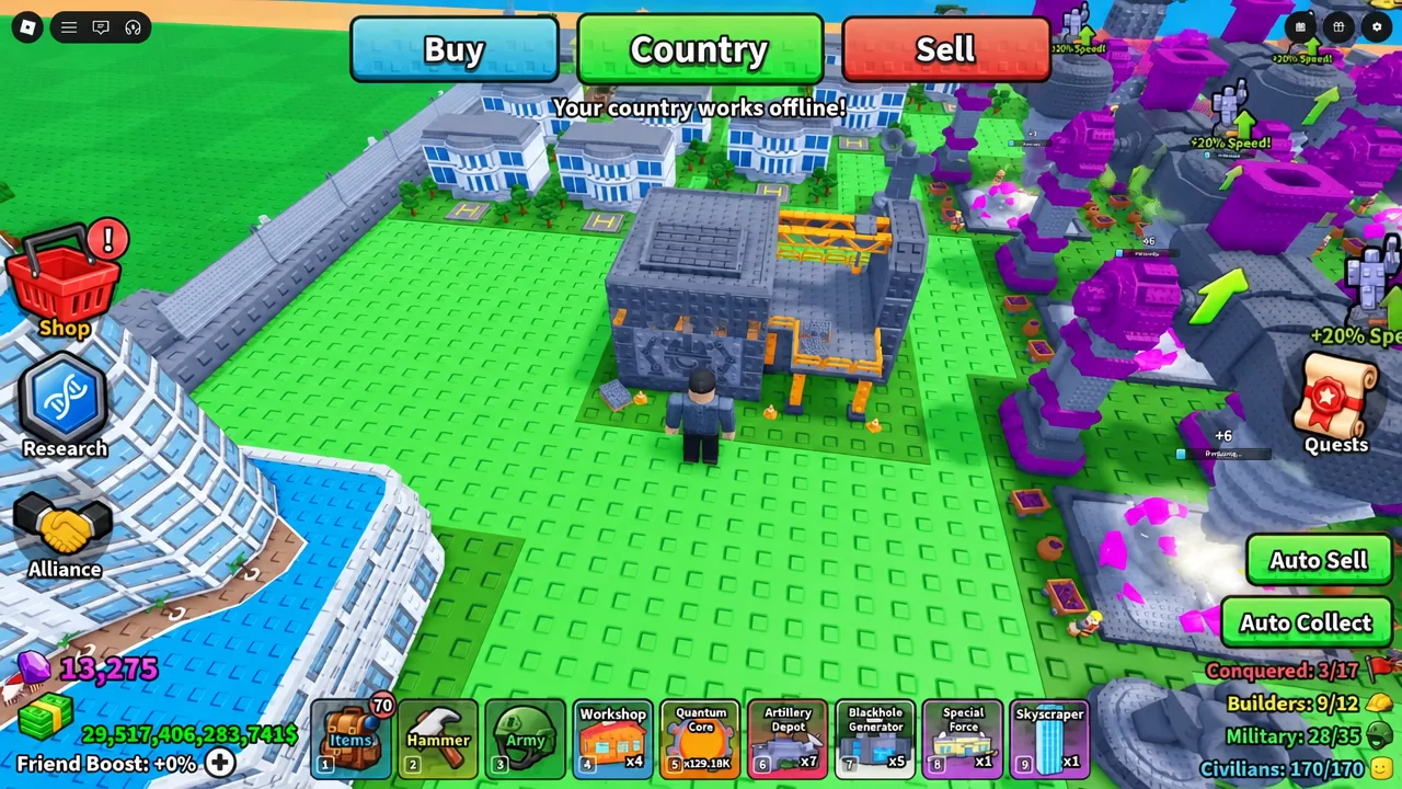 Mini War country view with the Country tab active and Buy, Sell, and Auto Sell controls on screen
