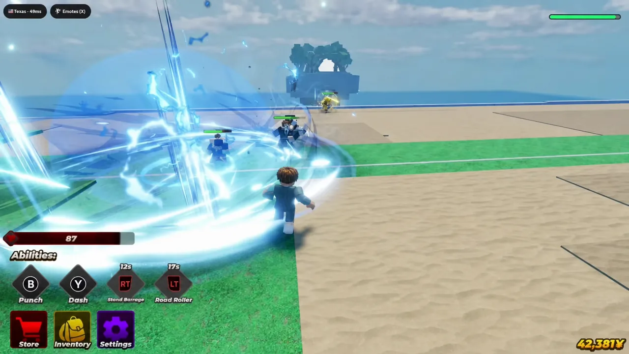 Diyo using Stand Barrage against several nearby opponents in an open arena fight