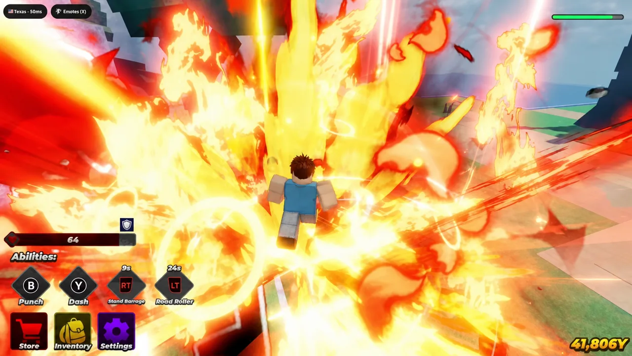 Diyo landing a fiery Stand Barrage on an opponent cornered near the arena stairs