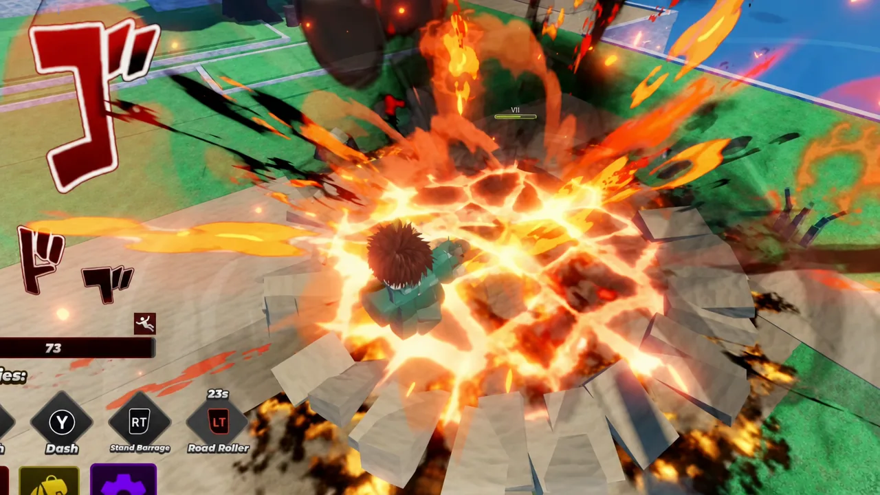 Diyo triggering the LT Road Roller ability, with an explosive impact spreading across the ground
