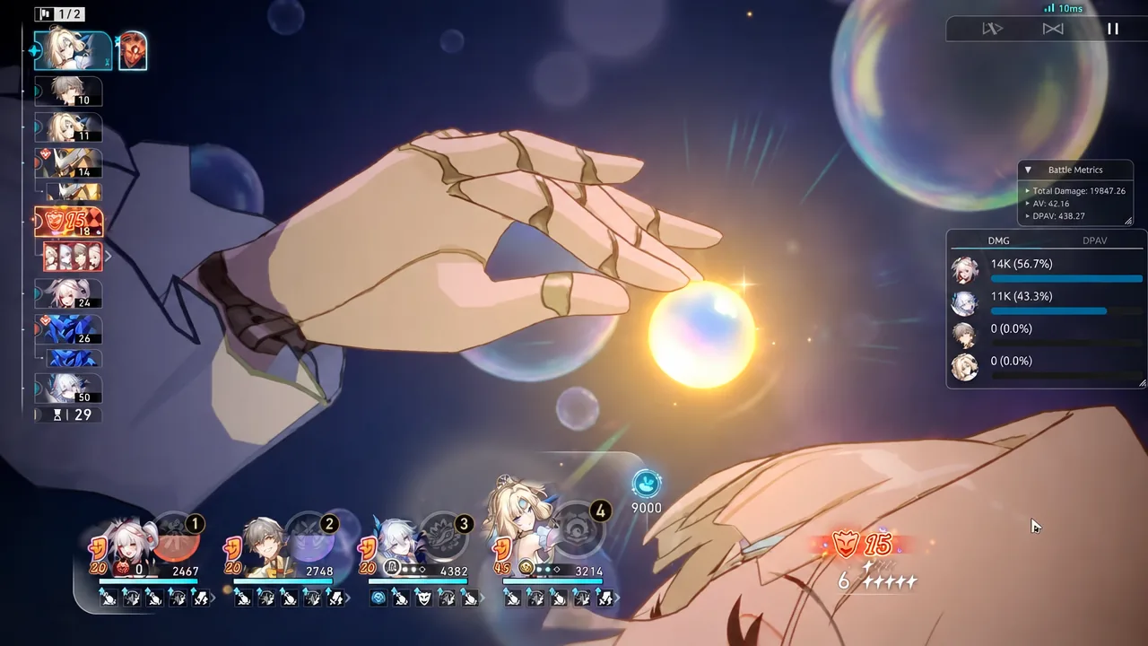 Elation team attack animation resolving as the Battle Metrics panel counts up the damage