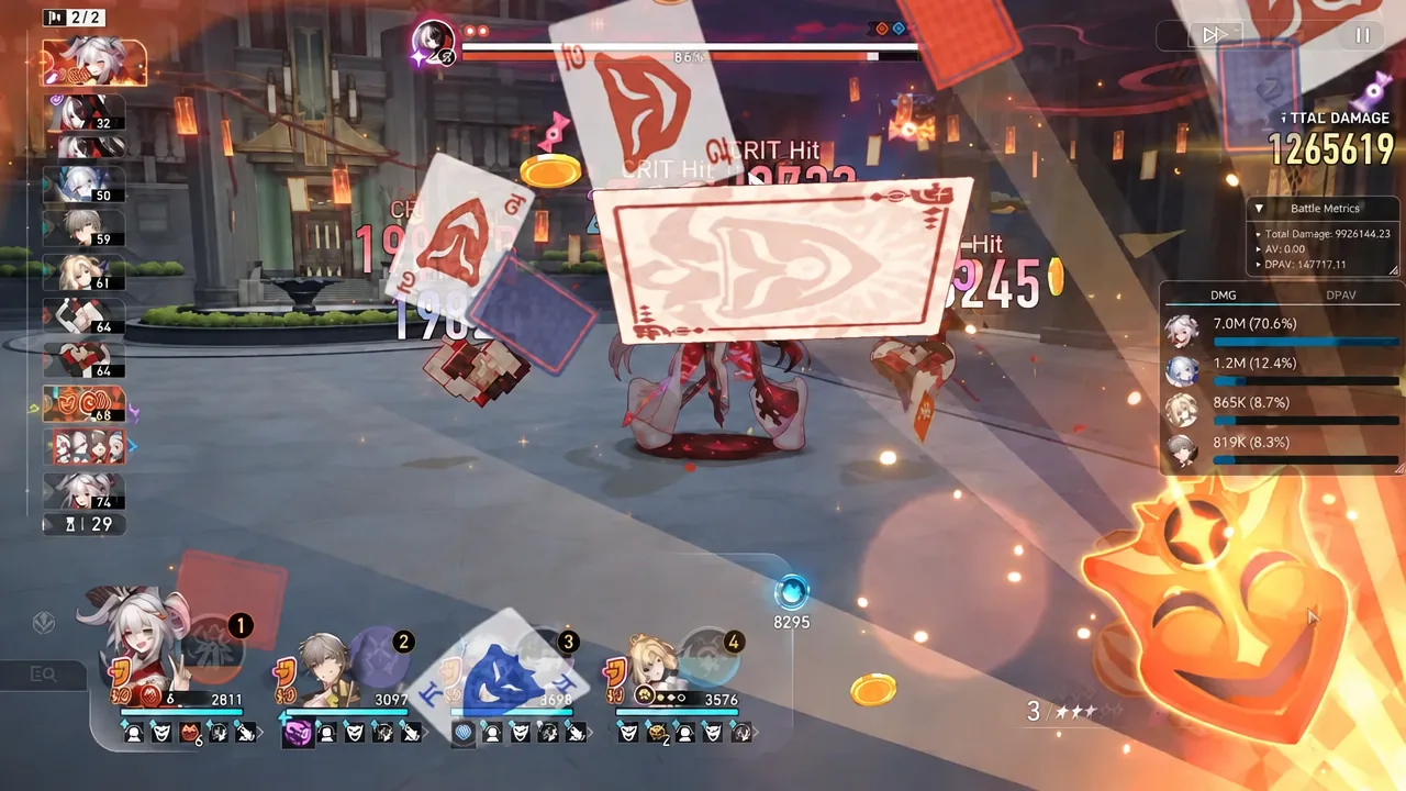 Card-based boss attack animation playing while the Battle Metrics panel tracks total damage