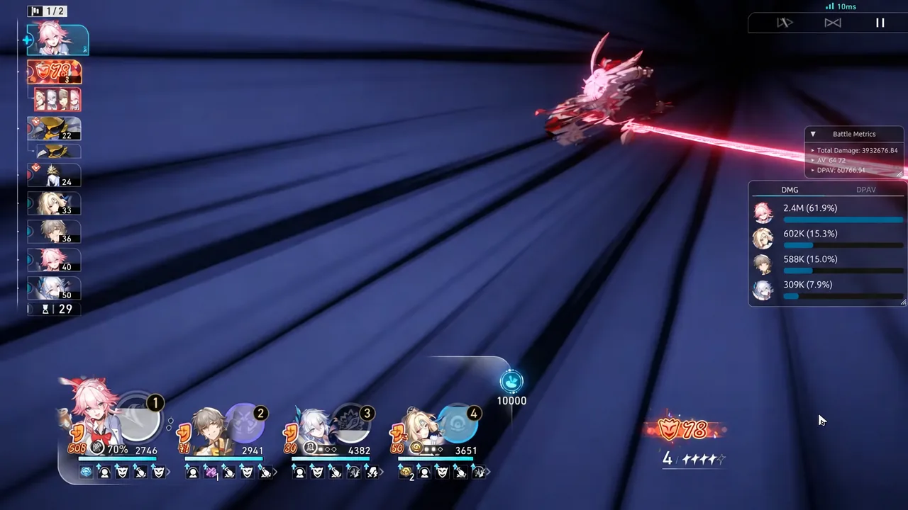 Mid-combat attack animation with the Battle Metrics damage breakdown displayed on the right