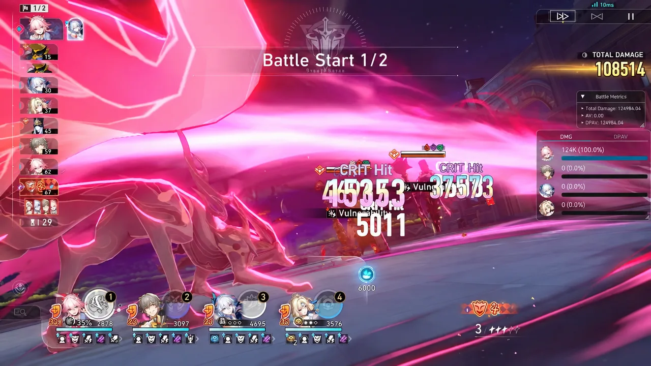 Battle Start 1/2 screen showing a CRIT Hit landing with the running total damage counter