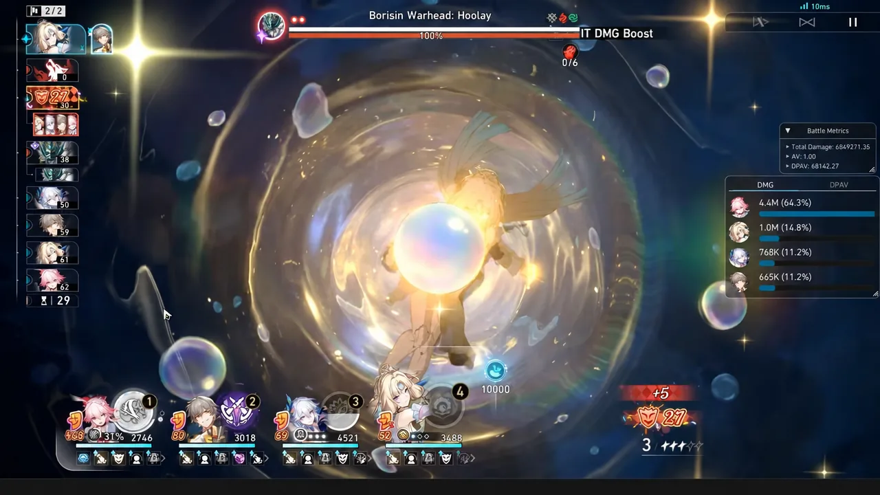 Borisin Warhead: Hoolay boss fight mid-attack with the Battle Metrics damage panel open