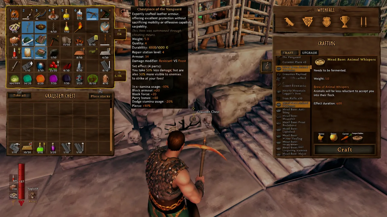 Valheim crafting screen with the Craft tab open and a mead base recipe selected