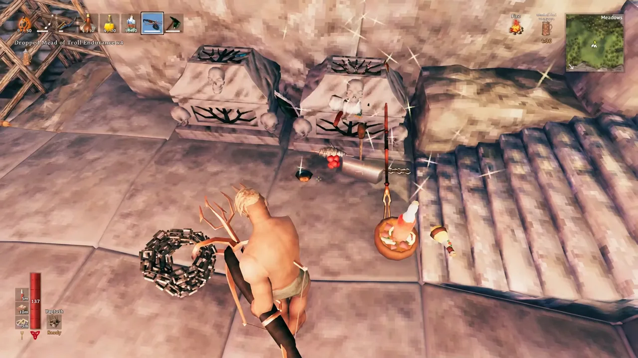 Valheim inventory screen with the expanded item grid after buying a pocket upgrade