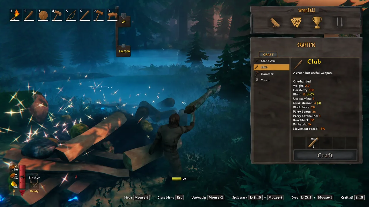 Valheim crafting menu with the Club selected and the Craft button available