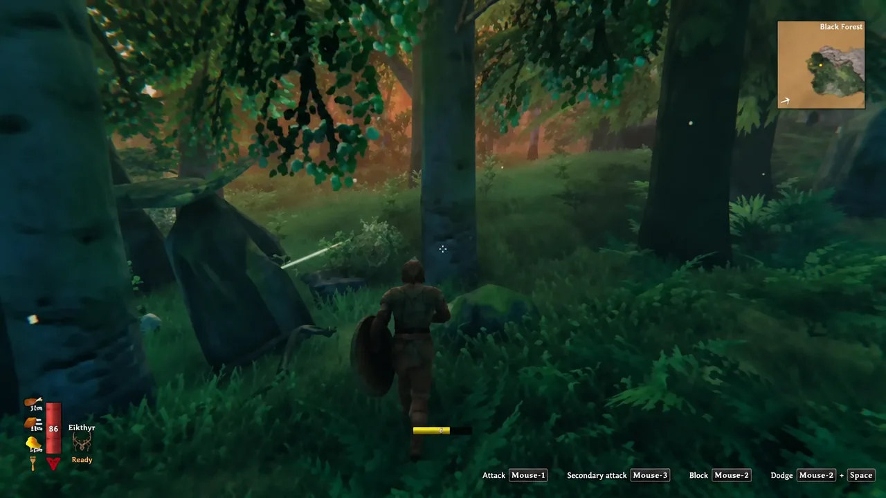 Valheim player running through the Black Forest with a shield equipped