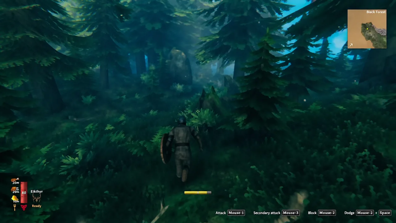 Black Forest gameplay with the combat HUD and on-screen mouse-button prompts visible
