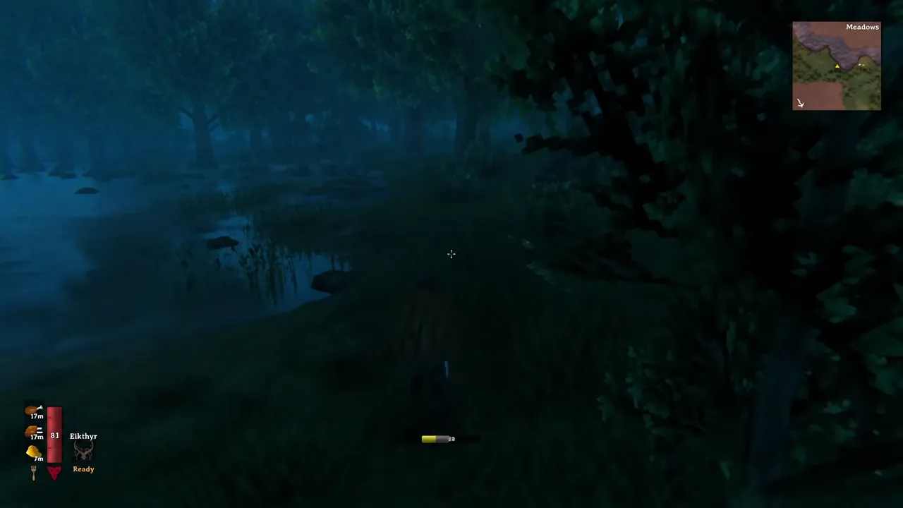 Player moving through a dark stretch of Meadows forest with the status HUD on screen