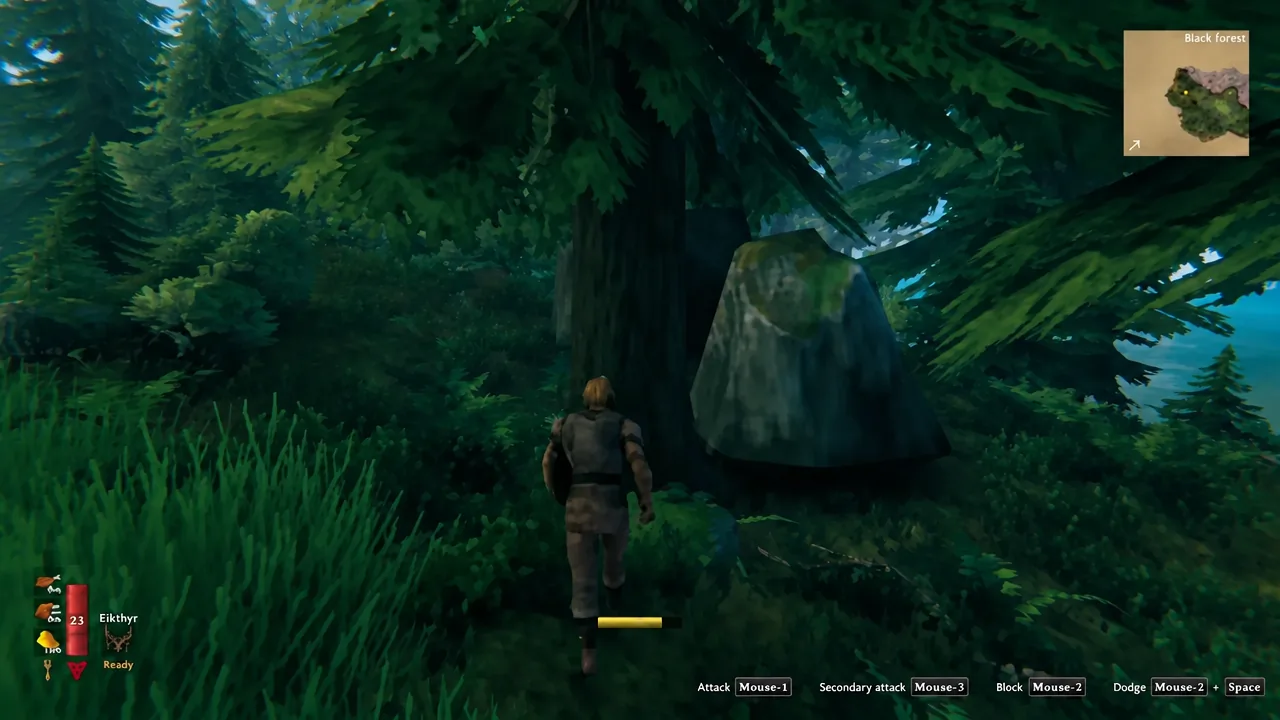 Player approaching a large rock in the Black Forest as the stamina bar drains
