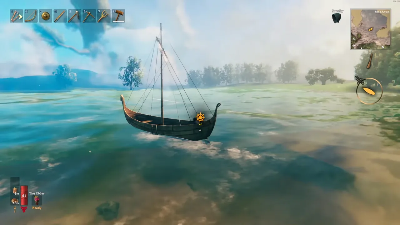 Valheim boat with the rudder prompt highlighted at the stern, ready to be taken over