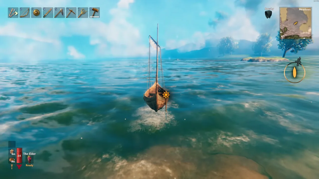 Small boat angled across open ocean mid-tack with the rudder indicator lit