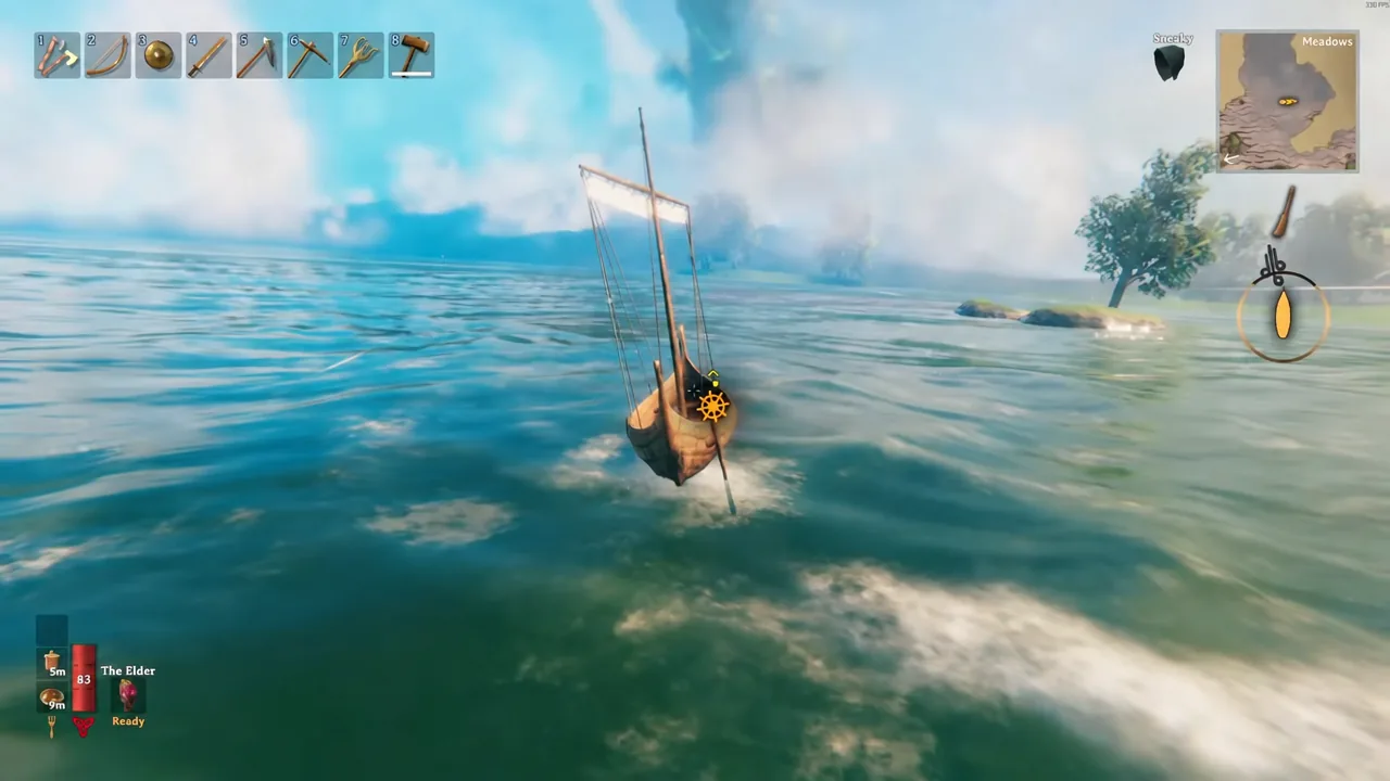 Boat approaching an unfamiliar island shoreline under sail with the rudder control highlighted