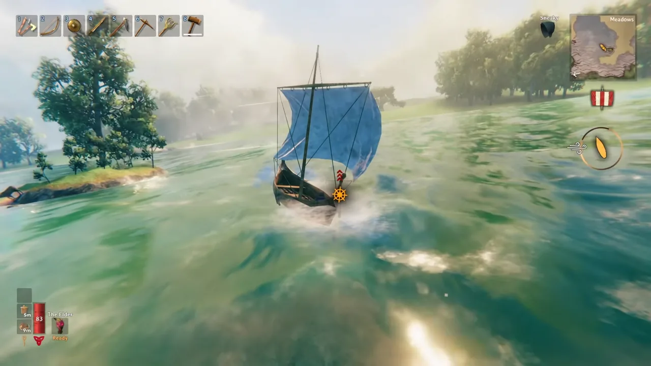 Sailing HUD showing the circular wind gauge and Meadows minimap while the boat is underway